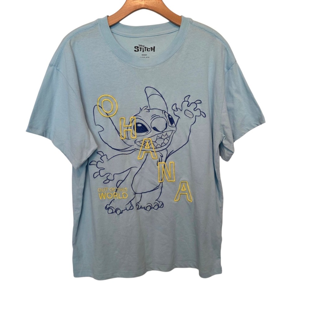 Disney Stitch T-Shirt Juniors Sz L 11-13 Embroidered Light Blue